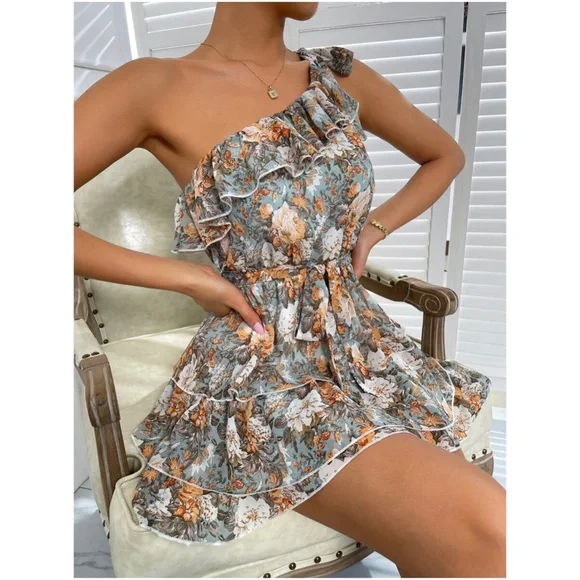 Boho Swiss dot One Shoulder Ruffle Mini Dress - Picture 11 of 13